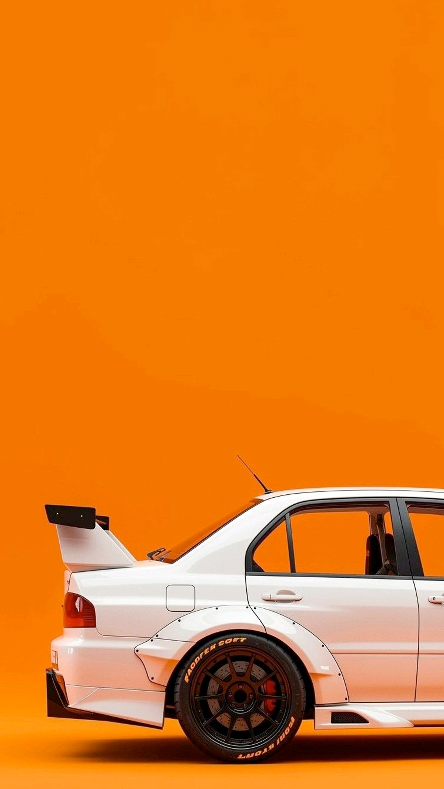 A sleek white race car takes center stage against a vibrant orange backdrop, its aerodynamic design and bold tires commanding attention.
