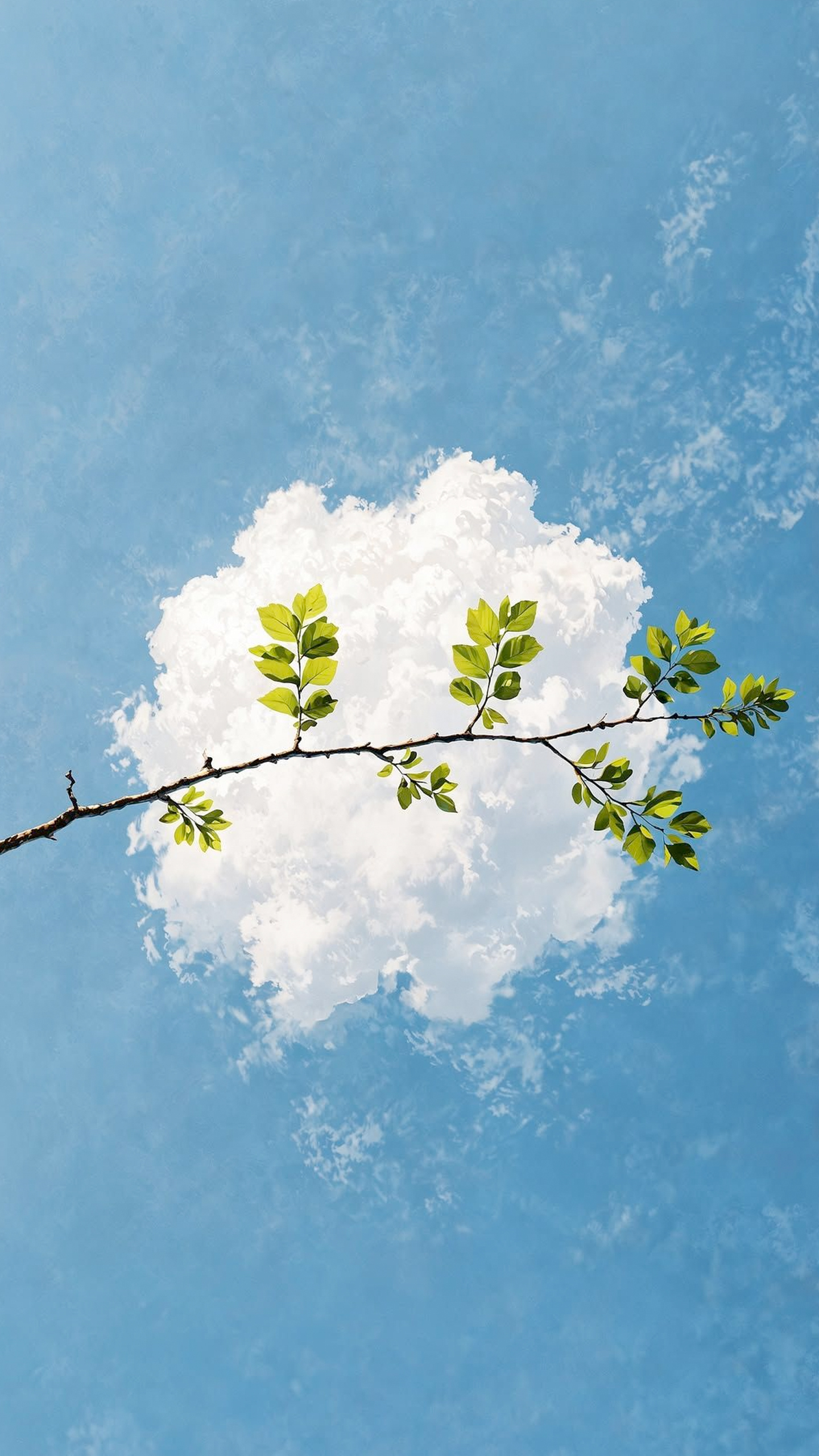 A delicate branch stretches towards a vibrant cloud against a brilliant blue sky.