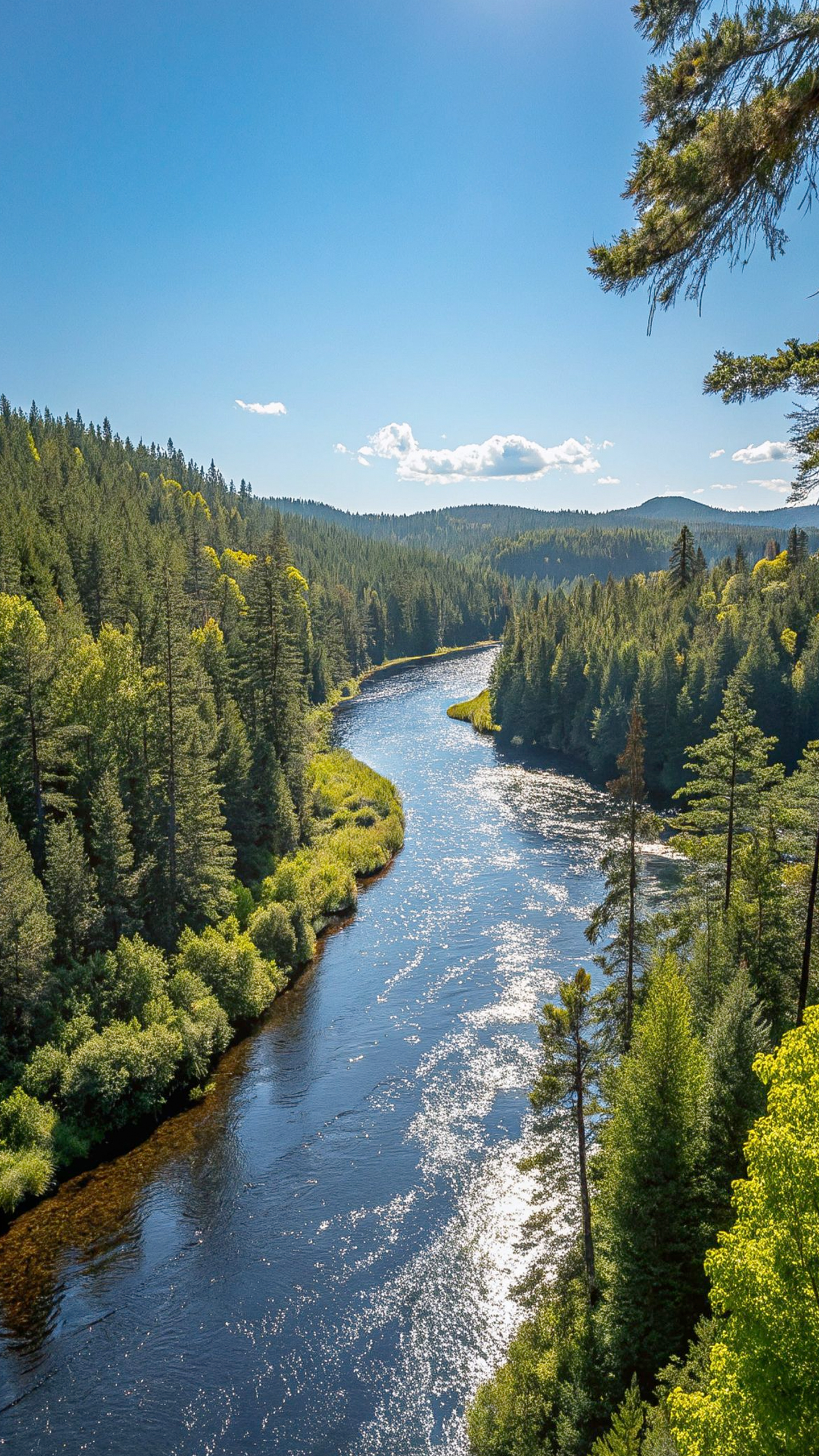 A winding river flows through a lush forest, its banks lined with dense trees and shrubs.