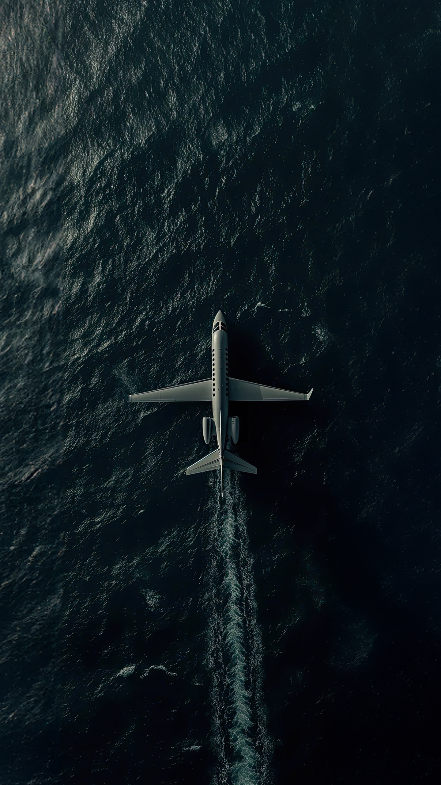A white airplane flies over a dark, choppy sea.