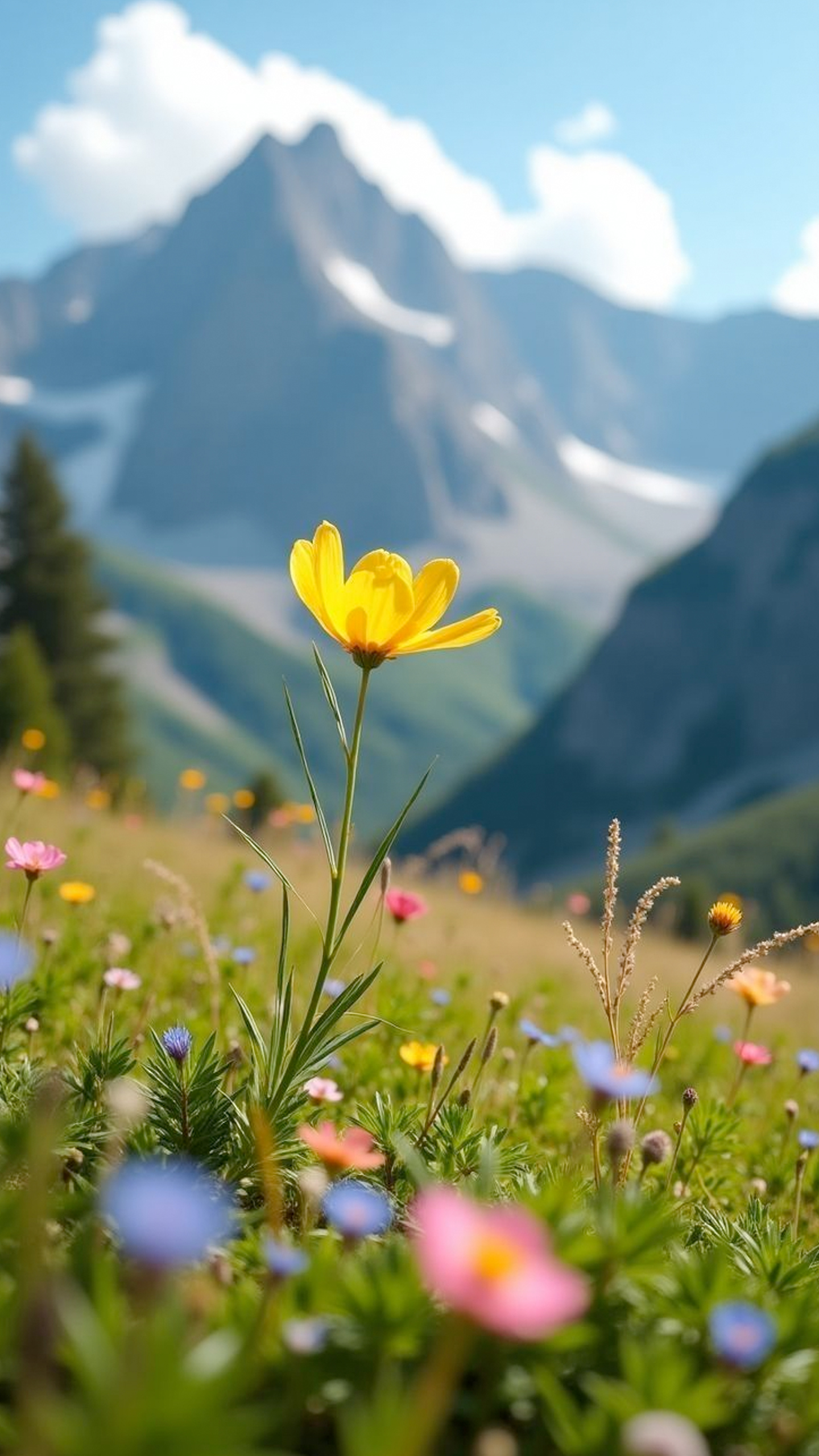 A solitary yellow flower stands tall in a vibrant field of wildflowers, set against a majestic mountain backdrop.