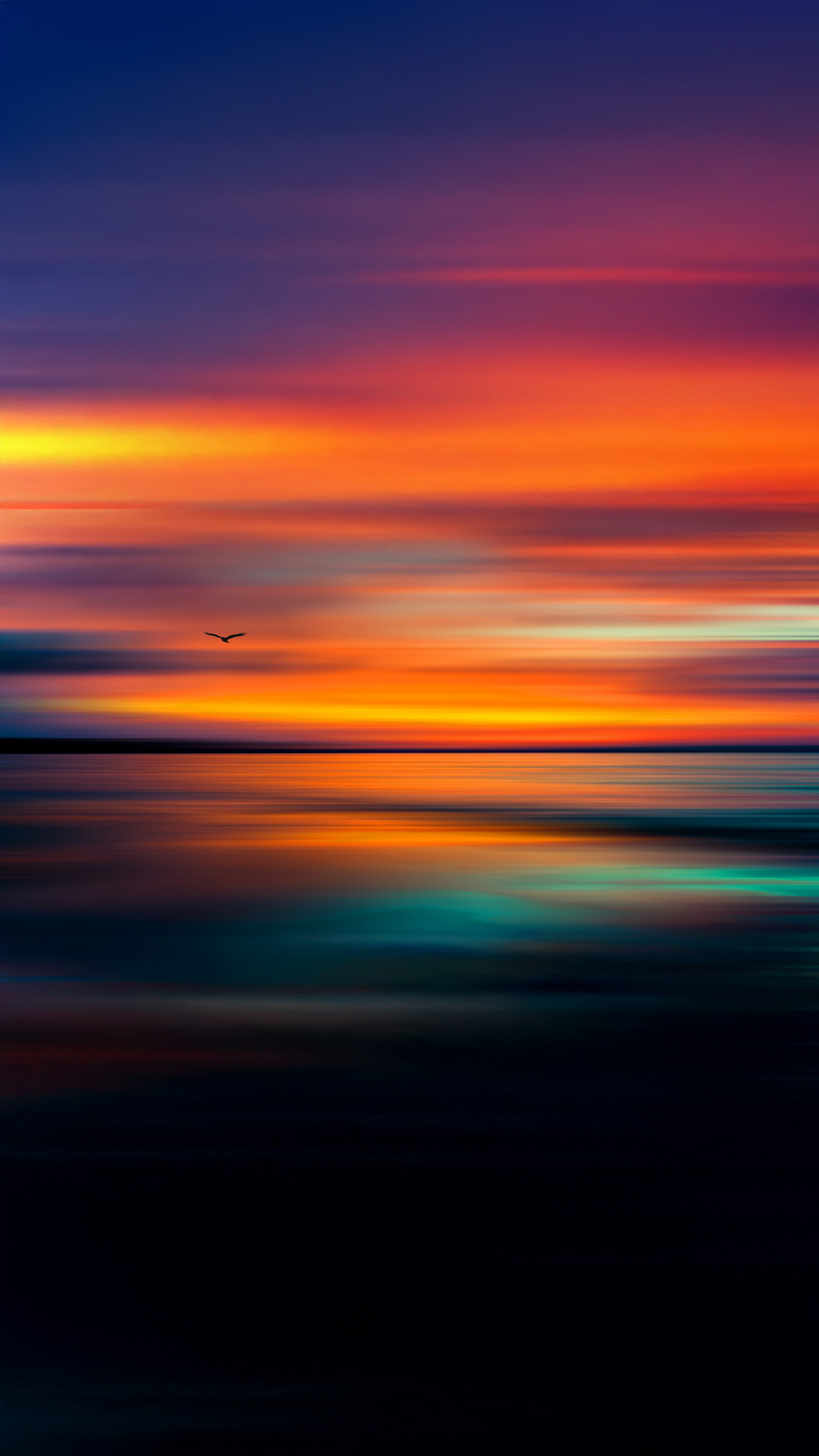 Vibrant hues of orange, yellow, and blue paint the sky as a bird soars overhead.