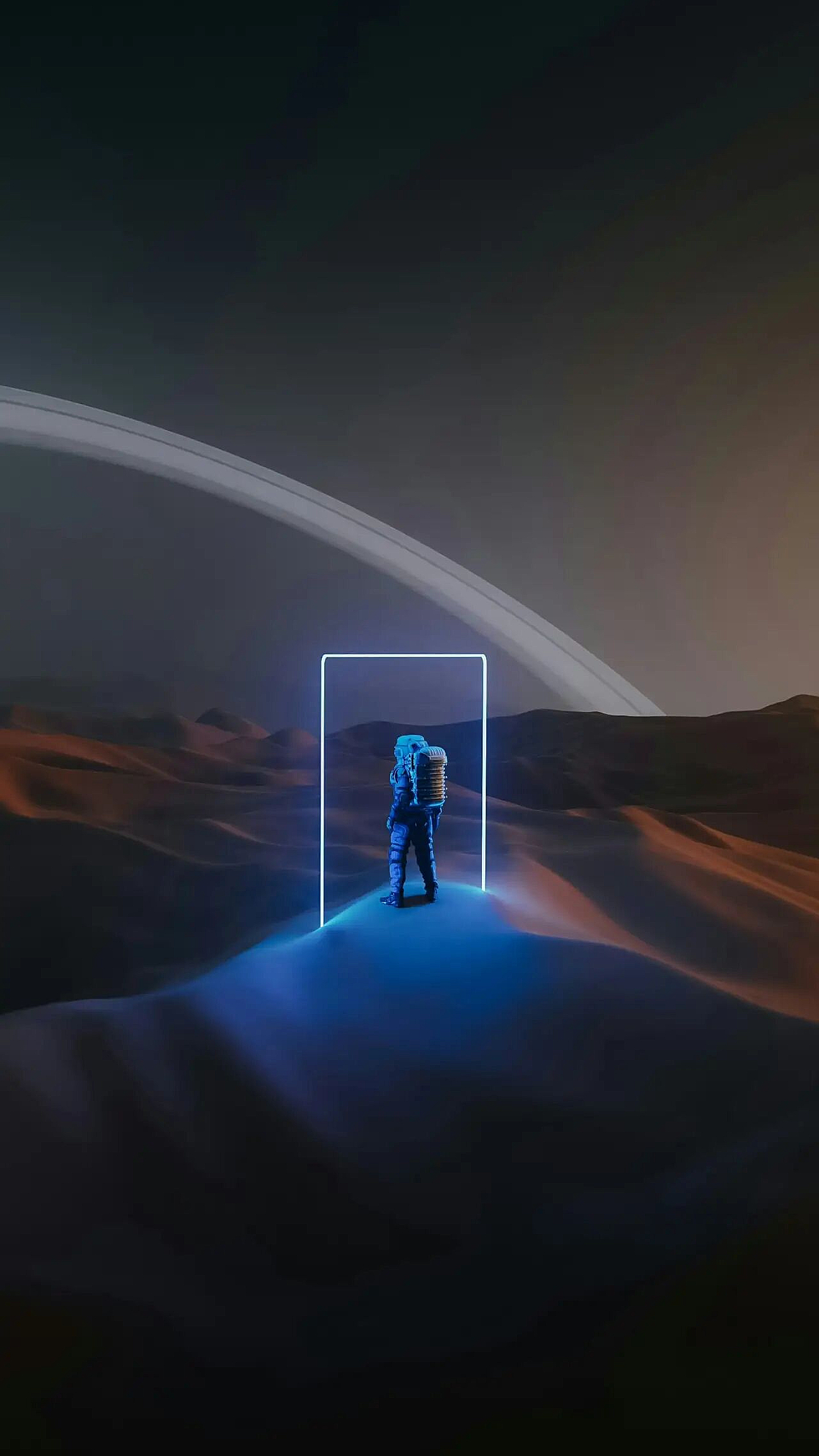 A lone astronaut stands at the entrance of a glowing blue portal, set against a vast desert landscape.