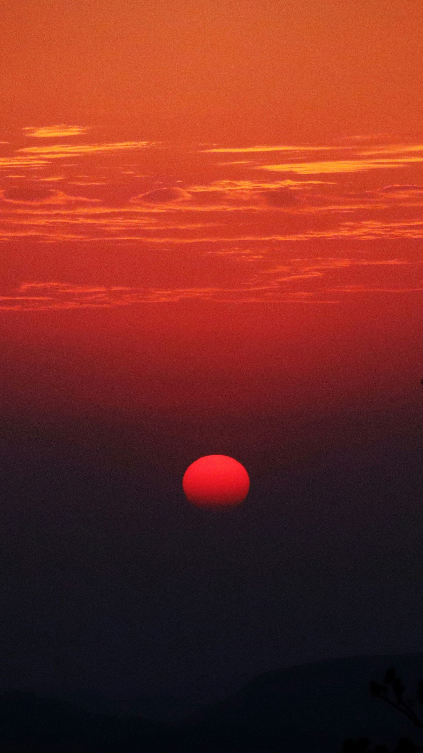 A fiery red sun hangs low in the sky, its vibrant hue illuminating the darkening landscape.