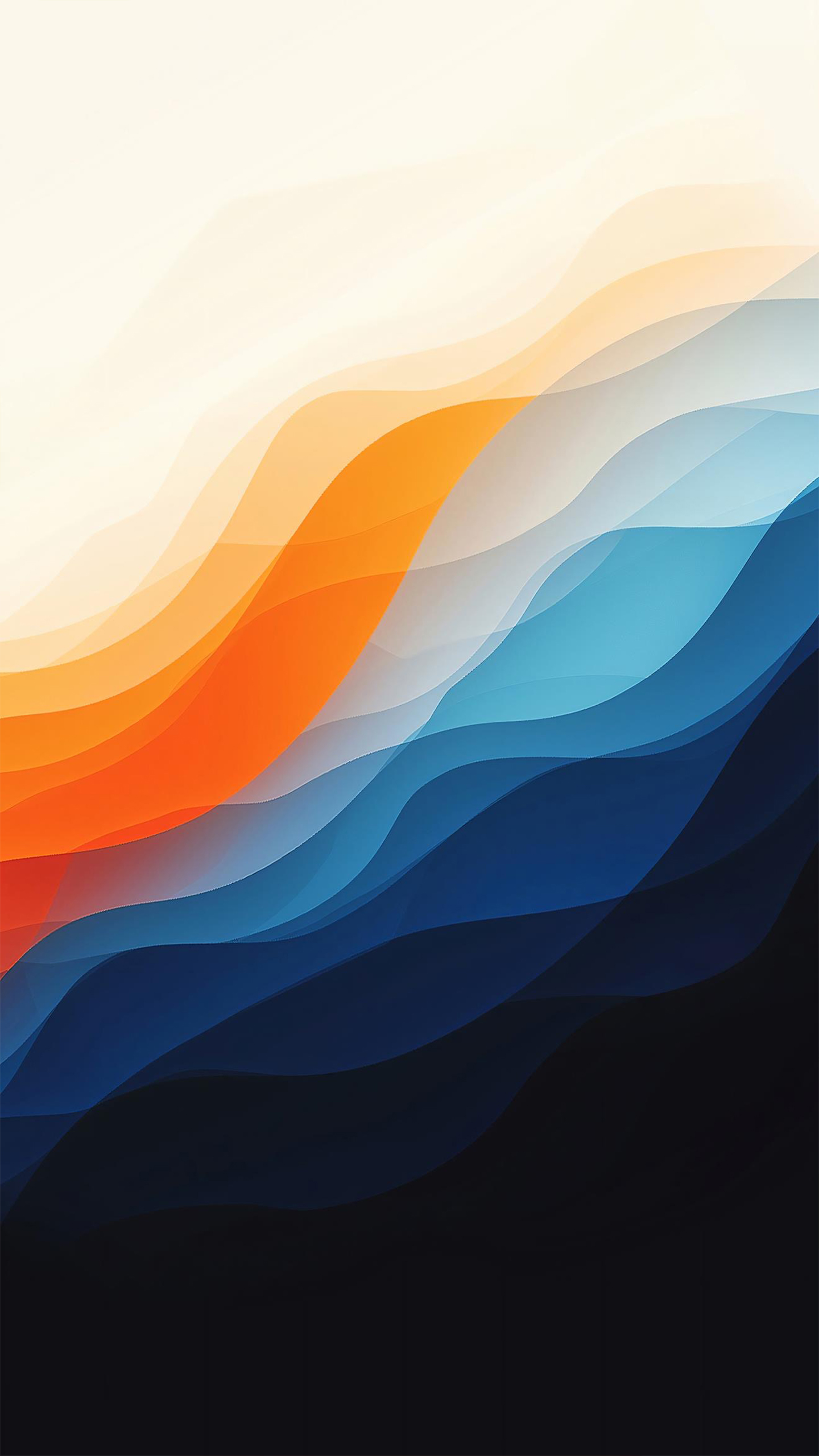 Abstract blue and orange wave-like shapes on a white background.