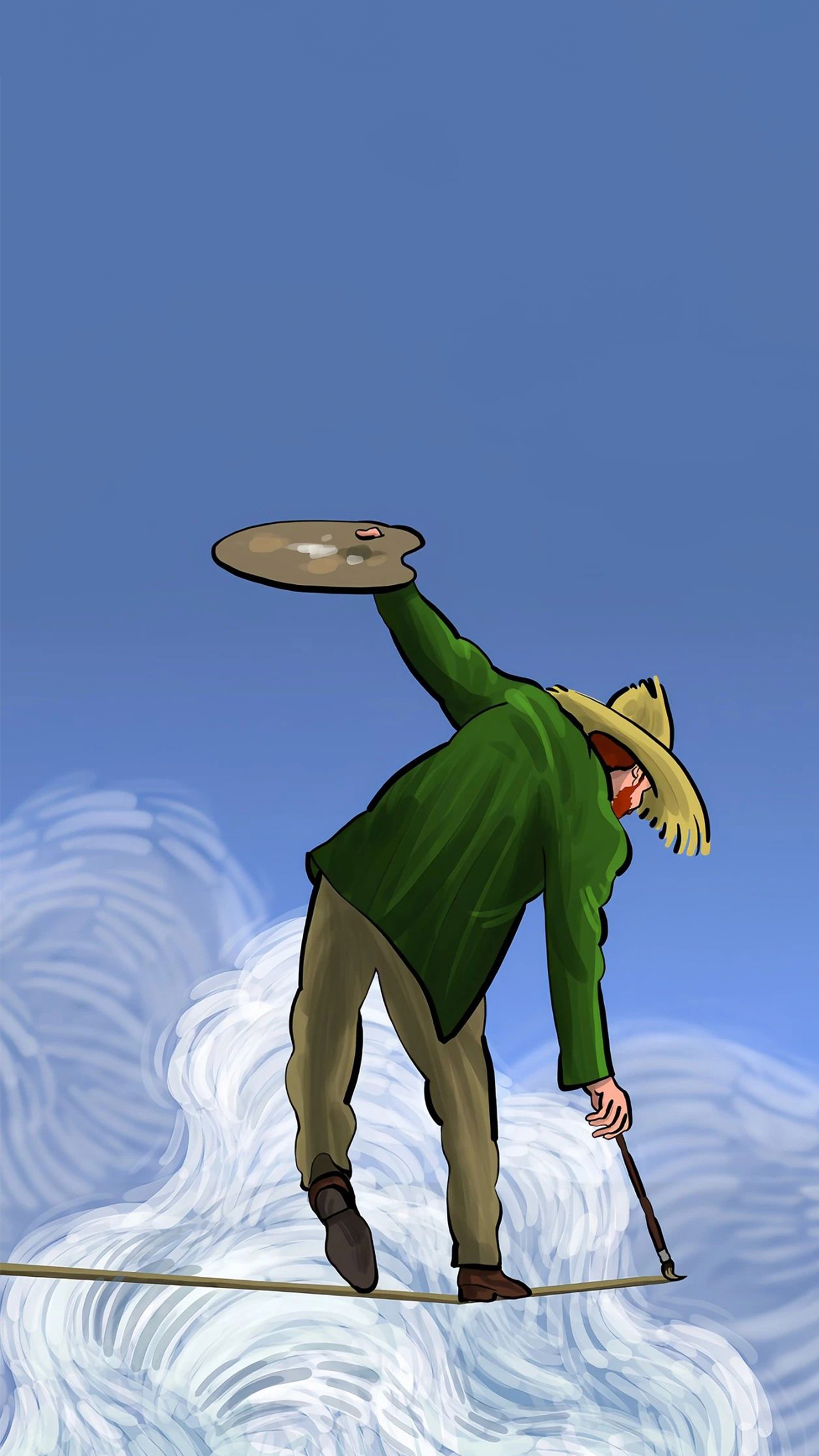 A man in a green shirt and straw hat balances on a tightrope, holding a paint palette in one hand and a cane in the other.