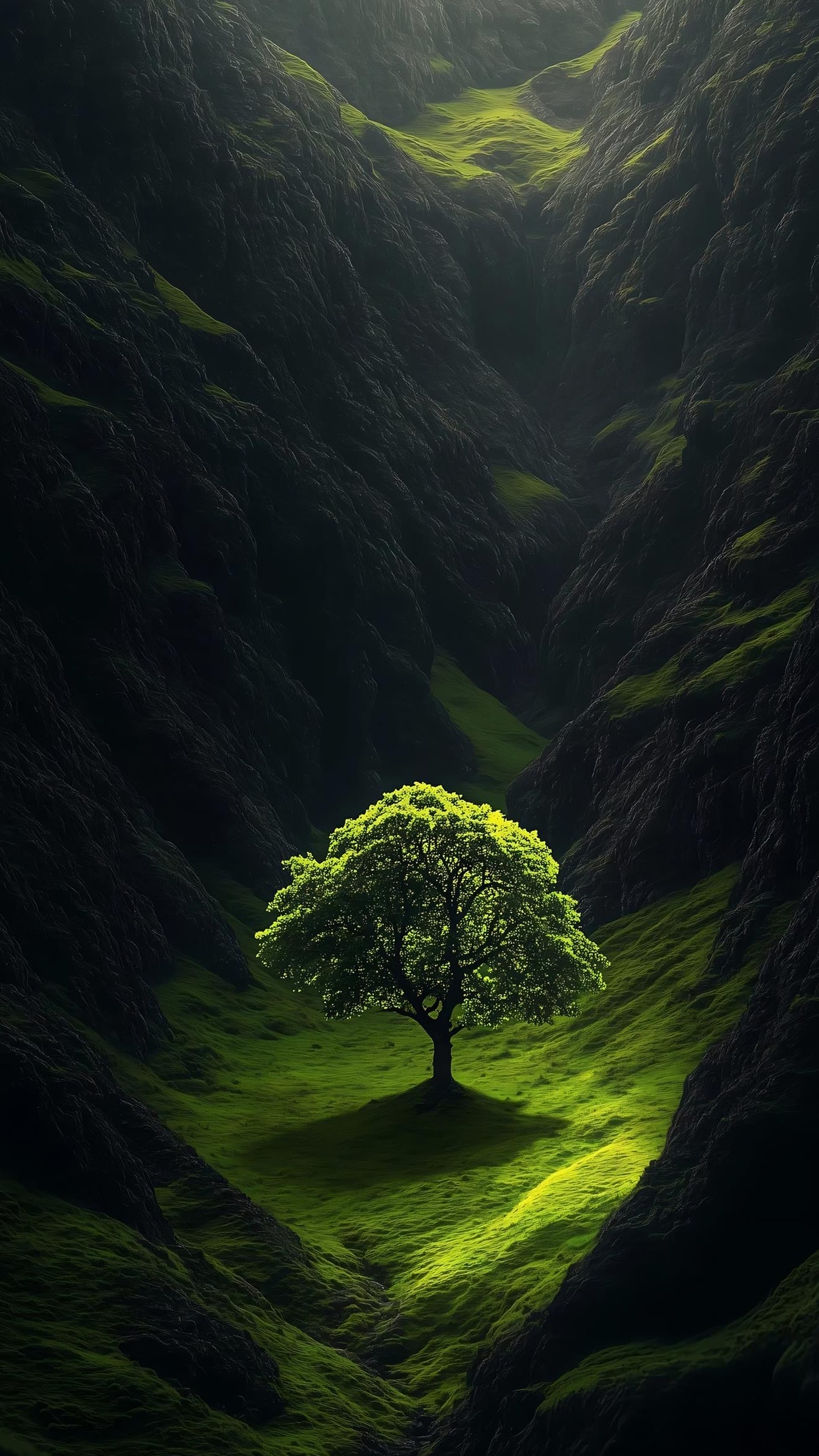 A solitary tree stands amidst a lush, vibrant landscape.
