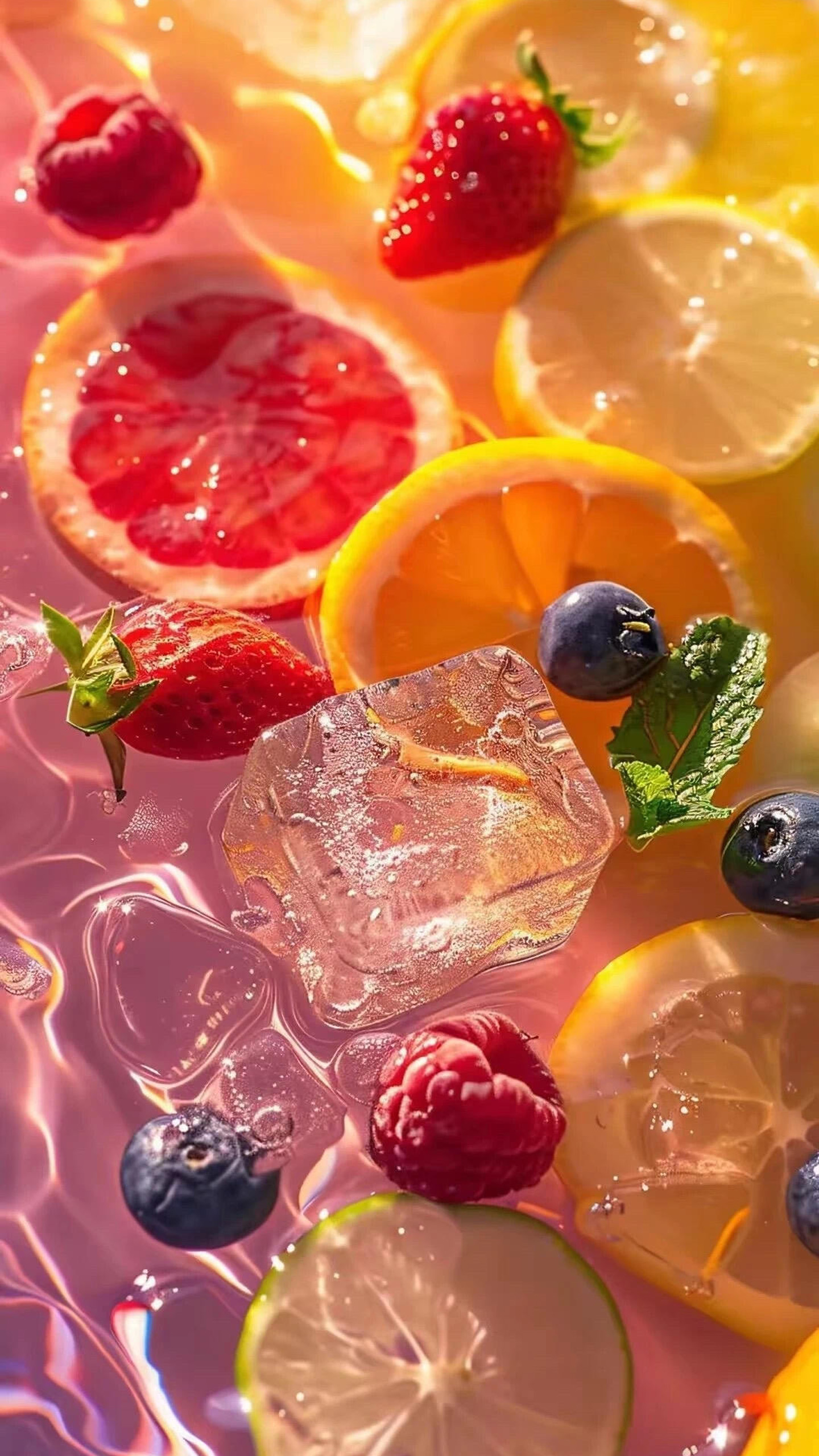 A colorful array of fruits and ice cubes floats in a pink liquid, bathed in sunlight.