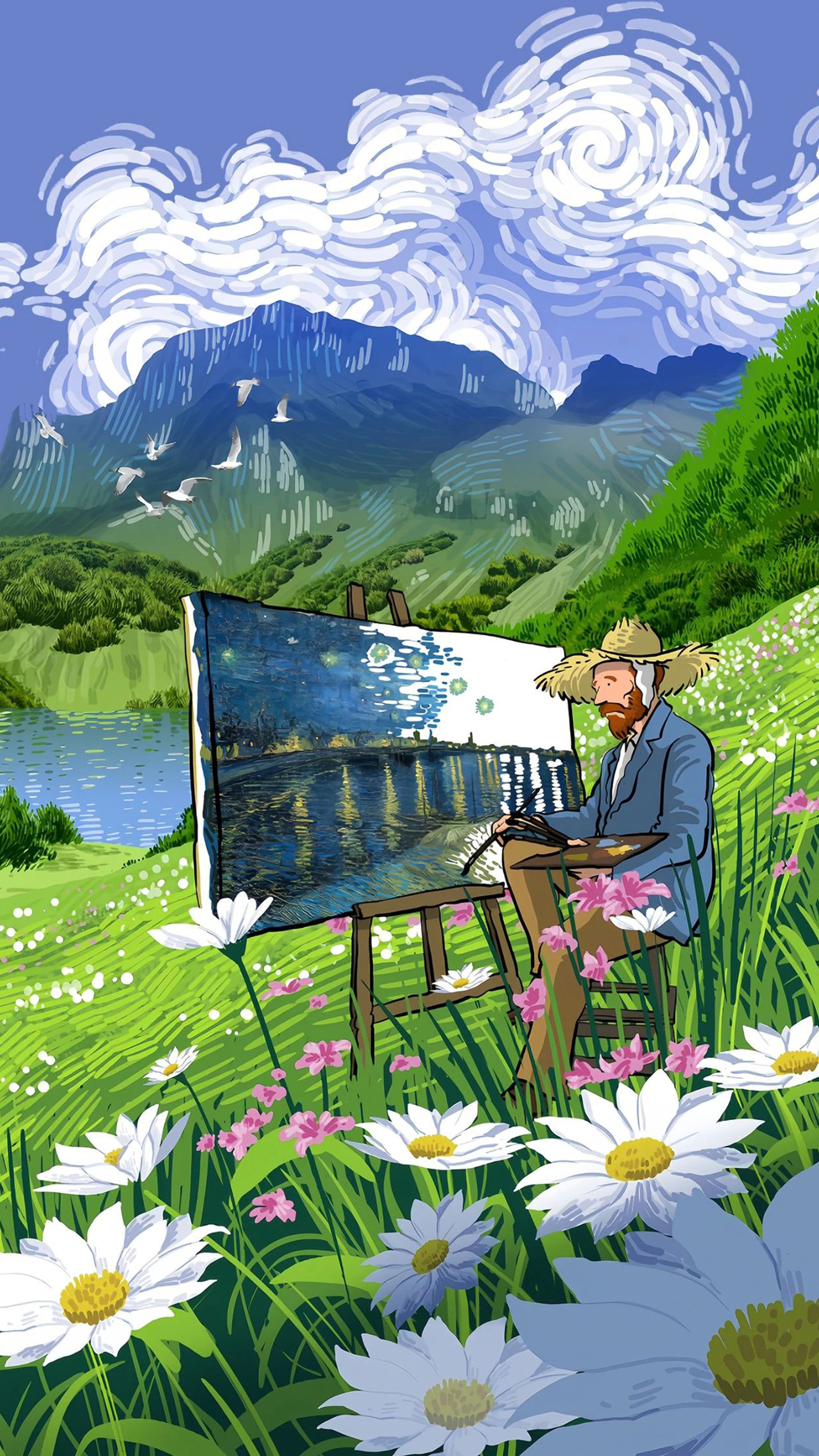 A serene landscape unfolds with a painter seated by a tranquil river, surrounded by lush green hills and vibrant wildflowers.