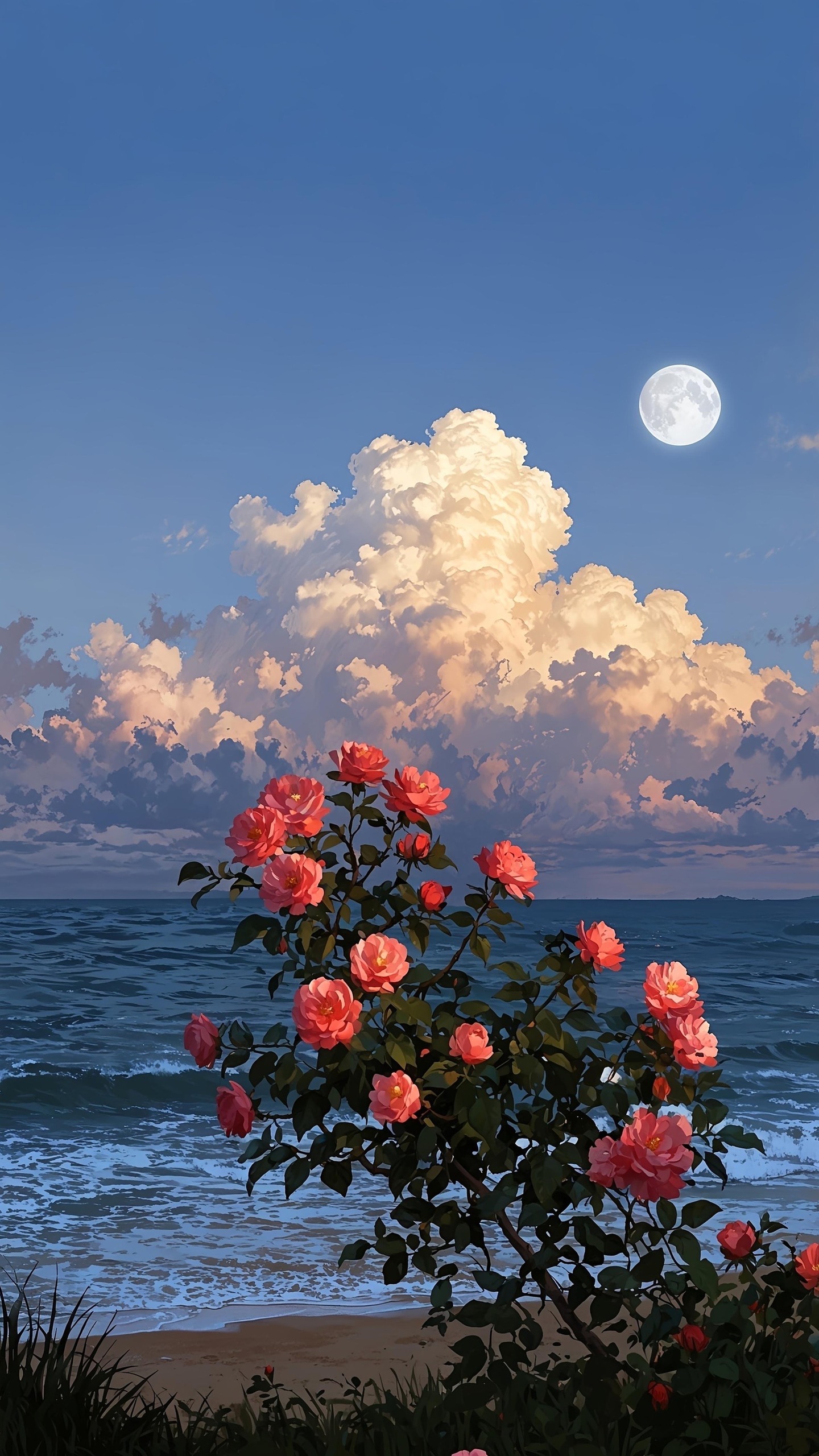 Roses bloom on the beach, set against a backdrop of a serene ocean and a full moon.