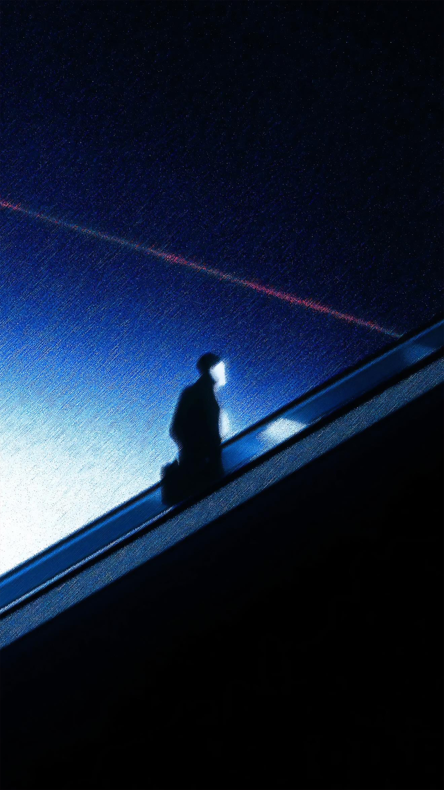A man in a suit walks down a dimly lit escalator against a backdrop of a blue and black sky with a red streak of light.