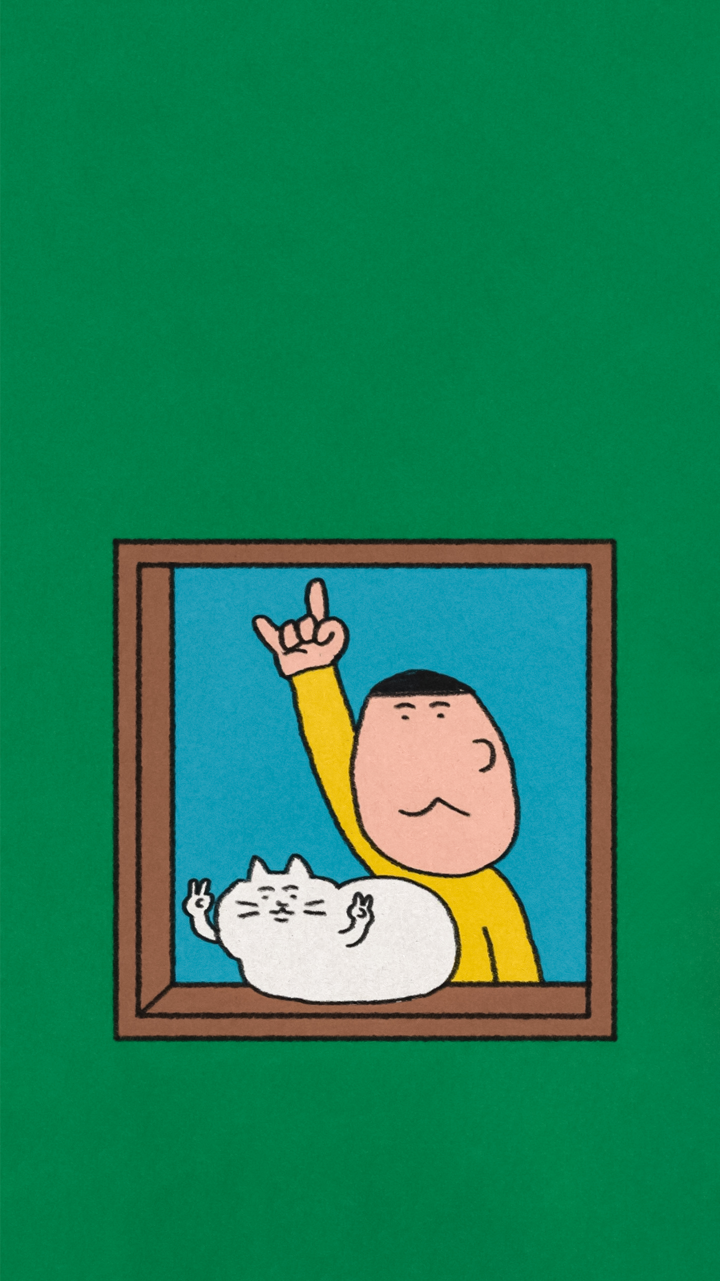 A man in a yellow shirt, with a white cat beside him, points upwards with his hand.