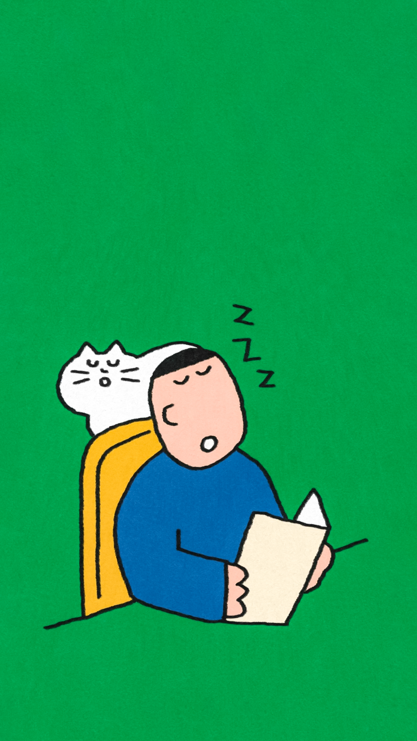 A person sits in a yellow chair, reading a book with a white cat resting on their back.