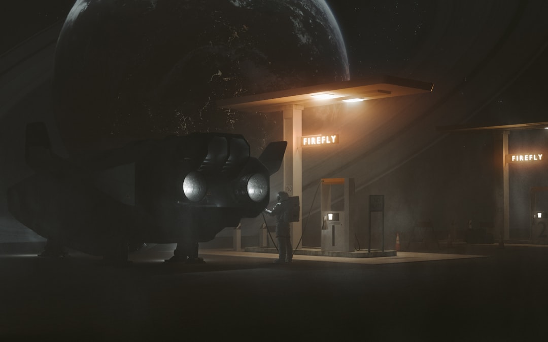 A massive spaceship is being refueled at a gas station on a distant planet.