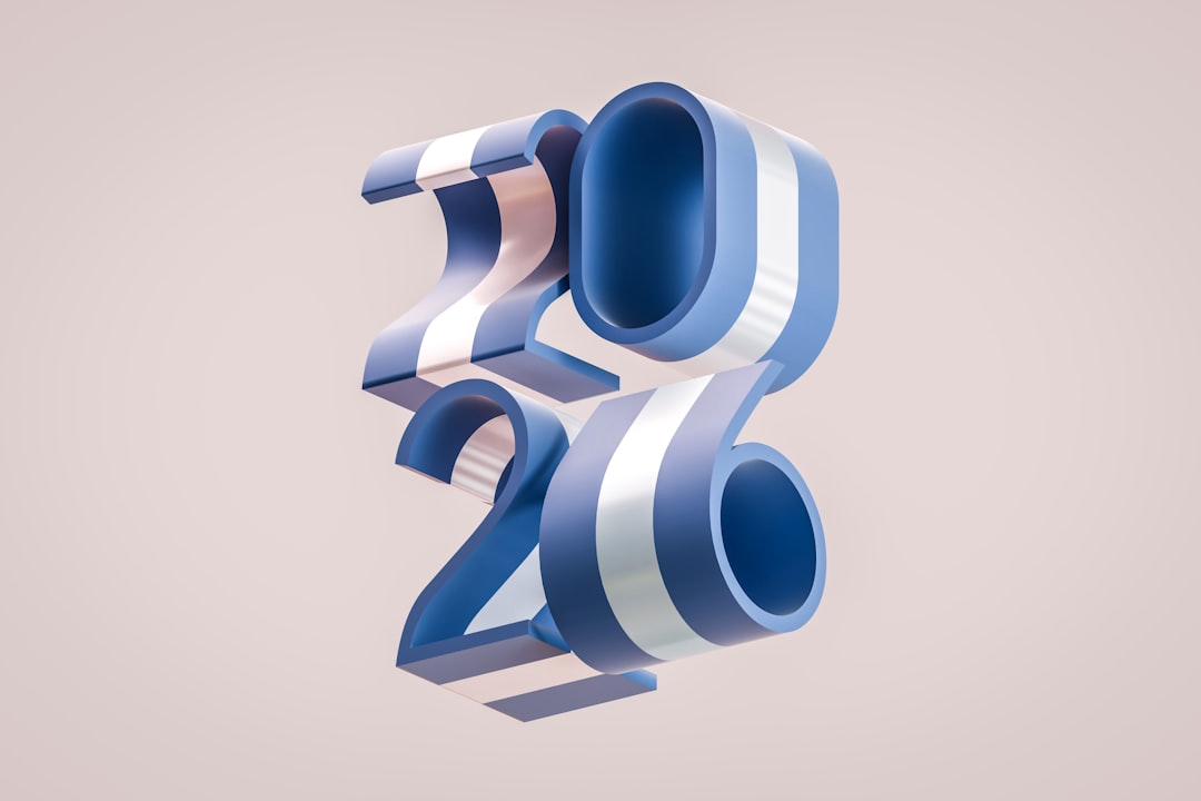 The image depicts the year "2026" in blue and white striped font, set against a light pink background.