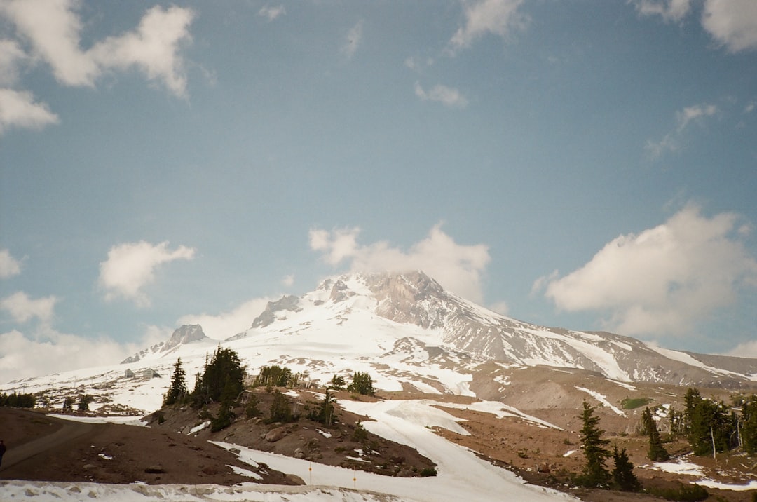 Snow-capped mountains rise against a blue sky dotted with clouds.