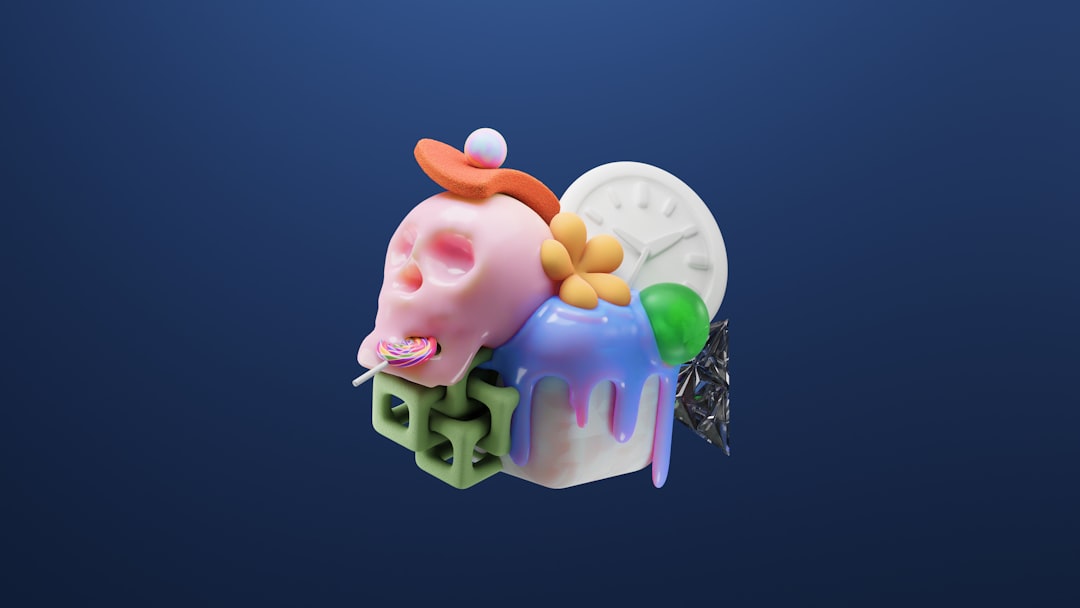 A vibrant, 3D illustration of a pink skull adorned with lollipops and a green waffle, set against a dark blue background.