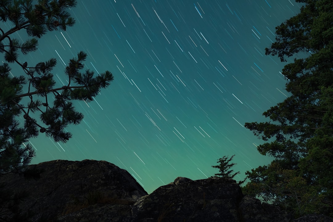 Star trails streak across a deep blue sky.