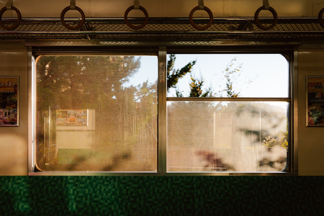 A window on a train, partially obscured by a screen, offers a view of trees outside.