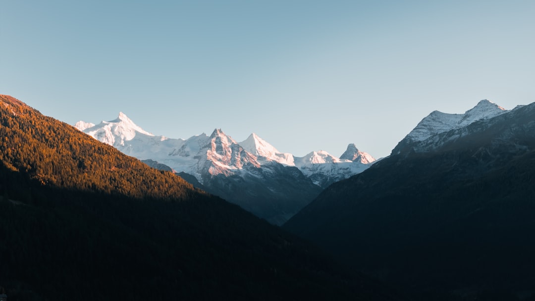 Snow-capped mountains stand tall against a clear blue sky.