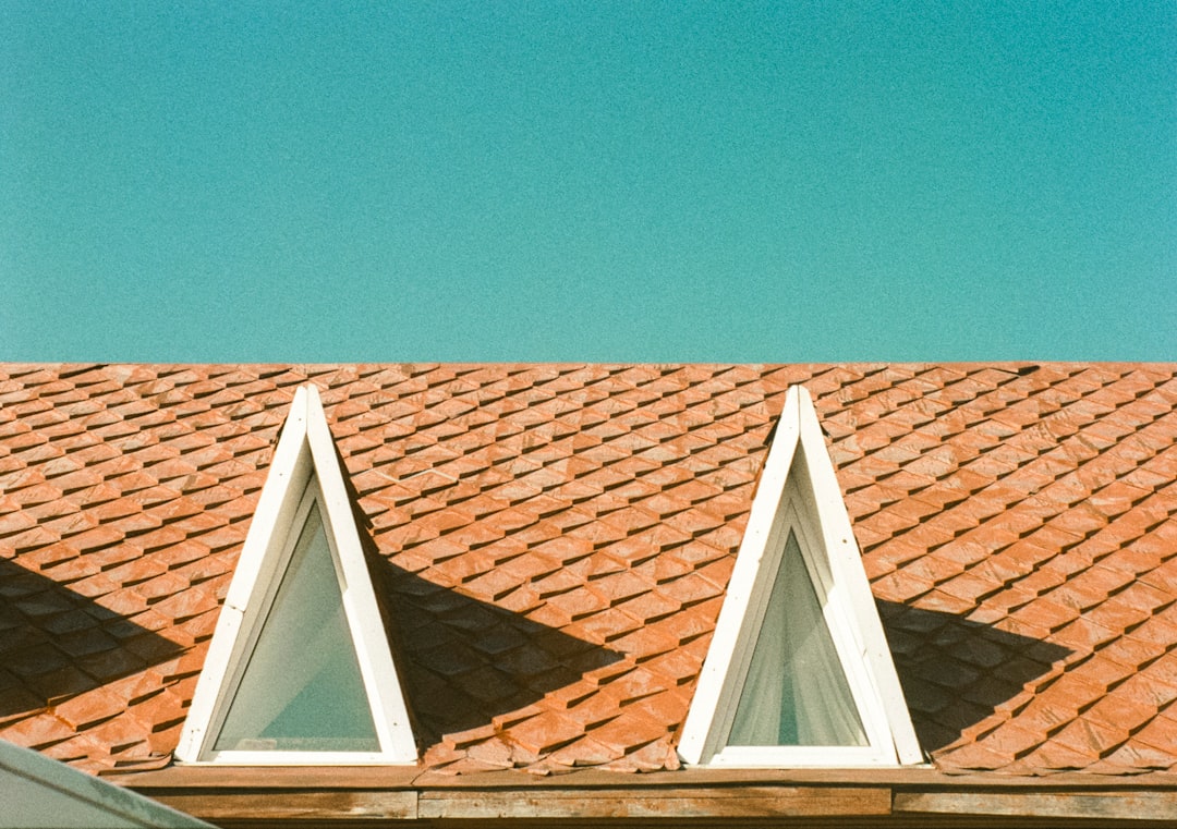 Two triangular skylights are situated on a roof with a distinctive red, tile-like pattern.