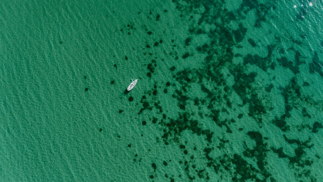 Two small boats float on a vast, emerald green sea.