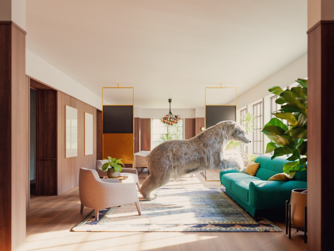 A large bear stands in a spacious living room, its attention drawn to a teal couch.