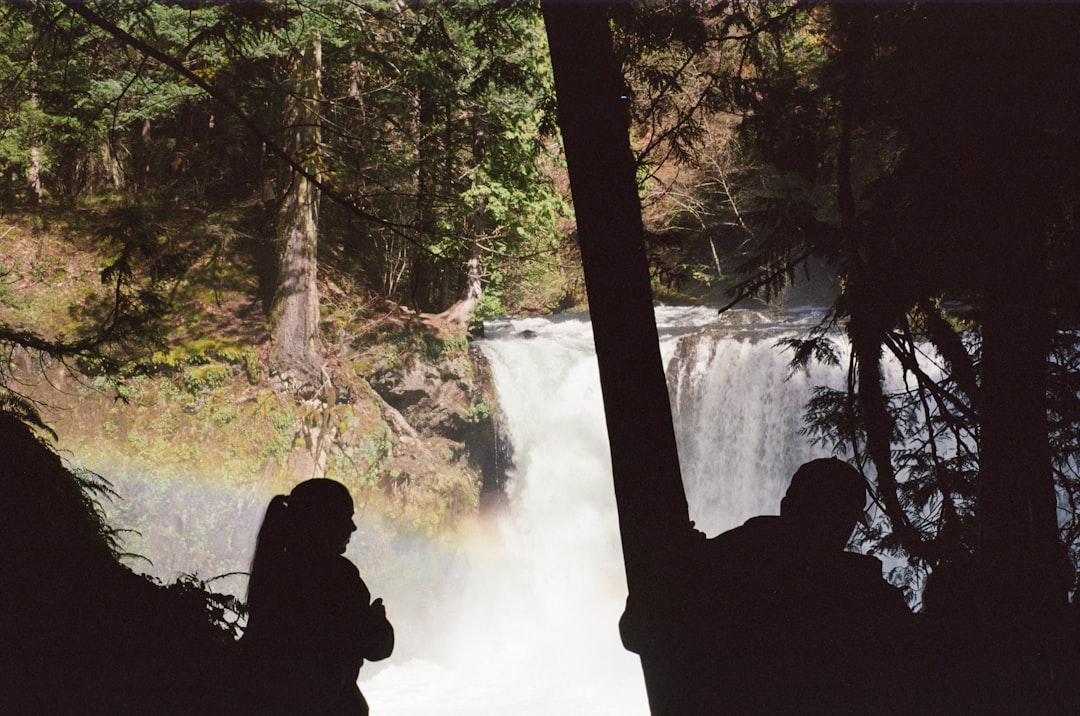 Two people stand in silhouette, gazing out at a waterfall cascading into a misty pool, surrounded by lush greenery.