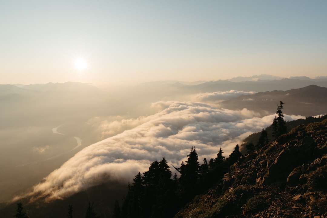 Golden mountains rise above a sea of clouds.