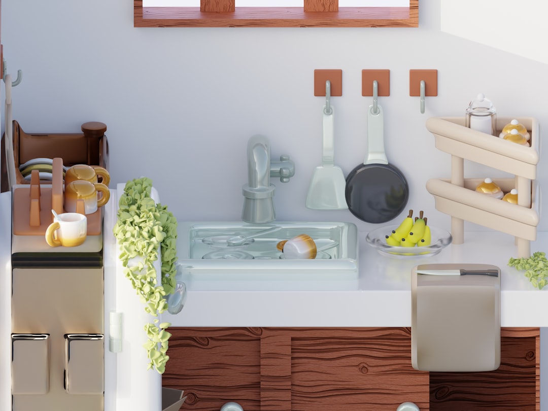 A kitchen sink with a faucet and utensils, surrounded by various items and a white countertop.