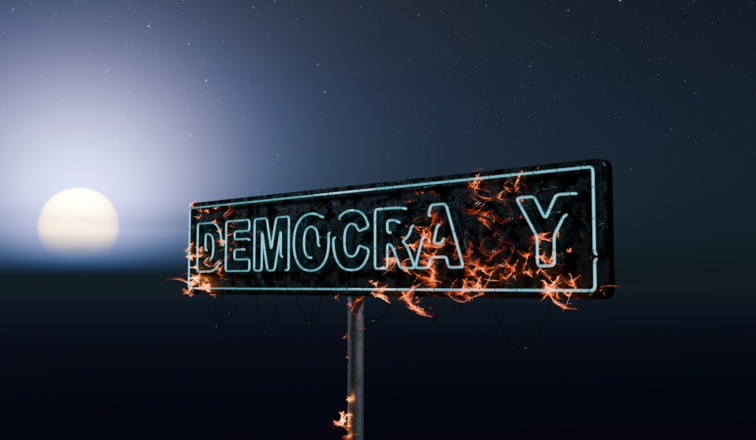 A vibrant sign reading "DEMOCRACY" is ablaze against a starry night sky.