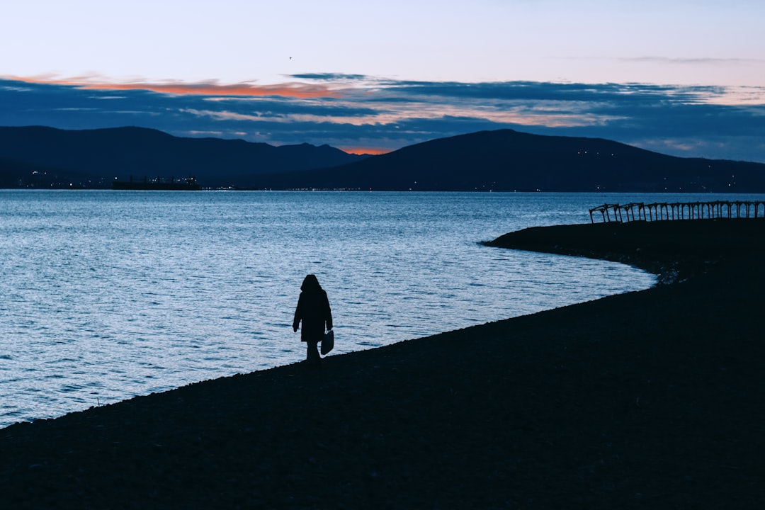 A person walks along a shoreline at dusk, with a bridge and mountains in the distance.