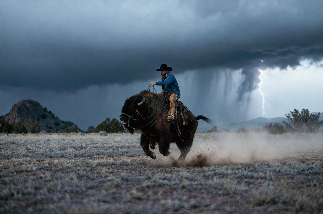A cowboy rides a bison through a field under a stormy sky.