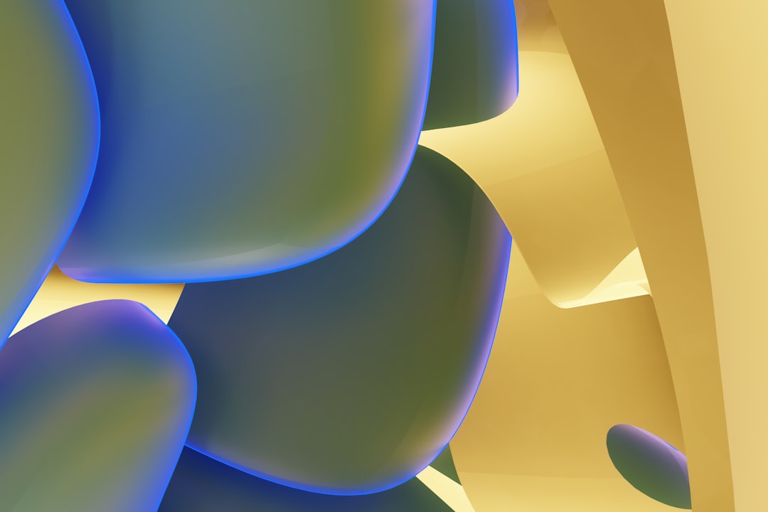 A cluster of iridescent spheres in shades of blue, green, and purple is set against a backdrop of curved, golden lines.