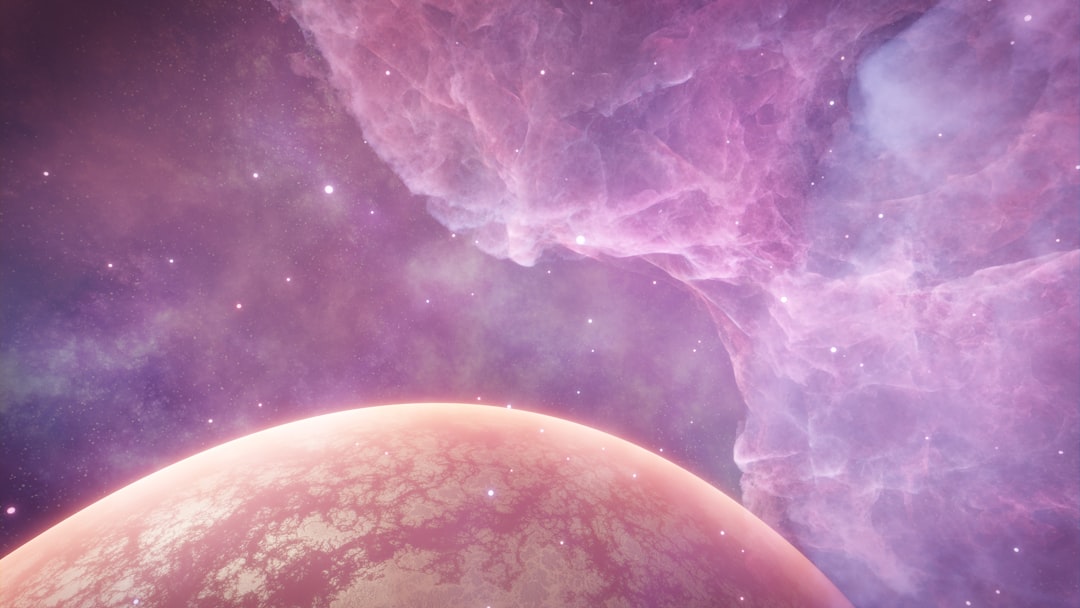 A vibrant planet shines in the foreground, set against a backdrop of swirling purple clouds and stars.