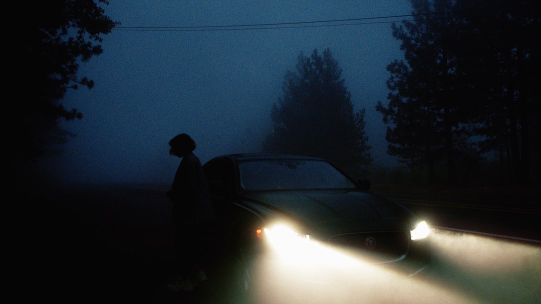 A person stands beside a car on a dark, foggy road.