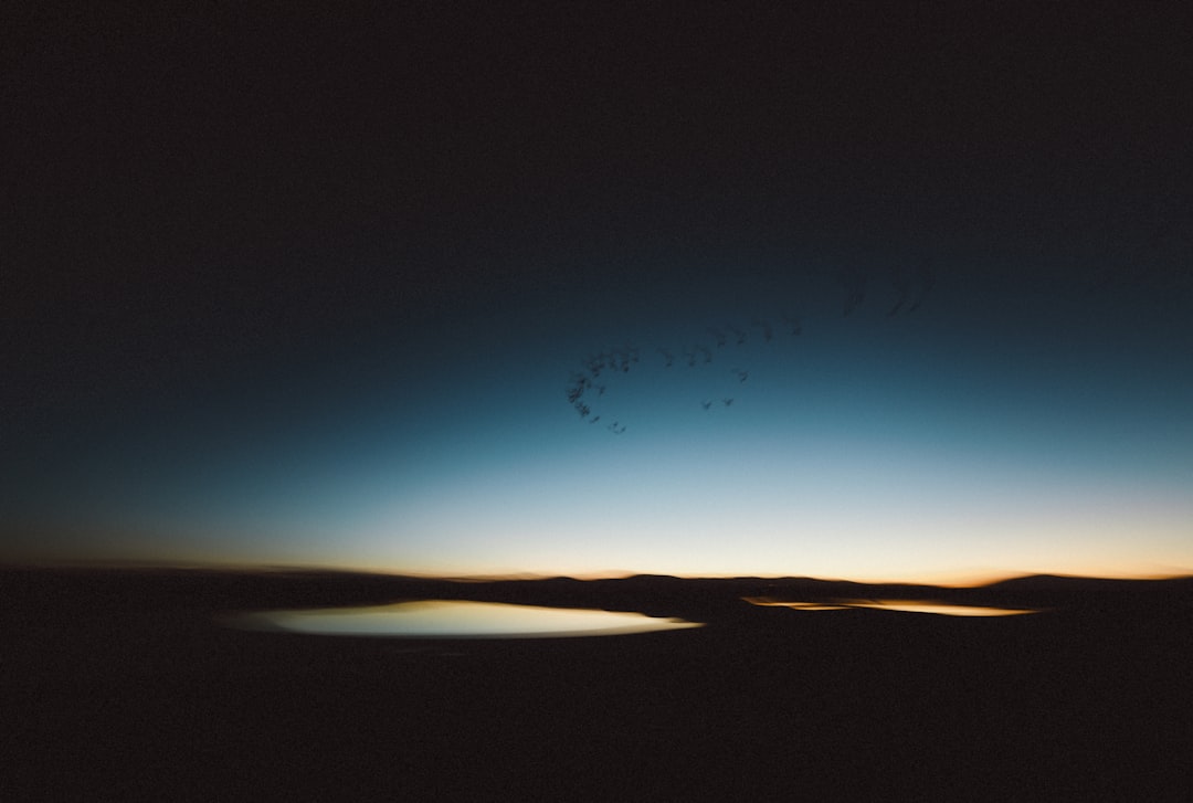 Vast expanse of dark land and water under a vibrant blue sky.